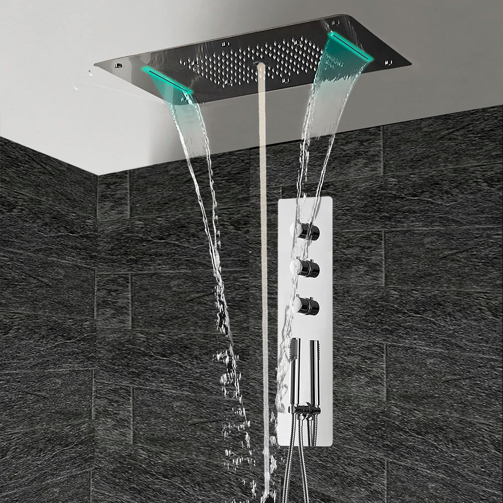 MMOOKA Modern Concealed Thermostatic Shower Panel 5 Ways Mixer LED Head Ceiling Mounted Mirror Brushed Gold Matte Black System Complete MMOOKA.COM
