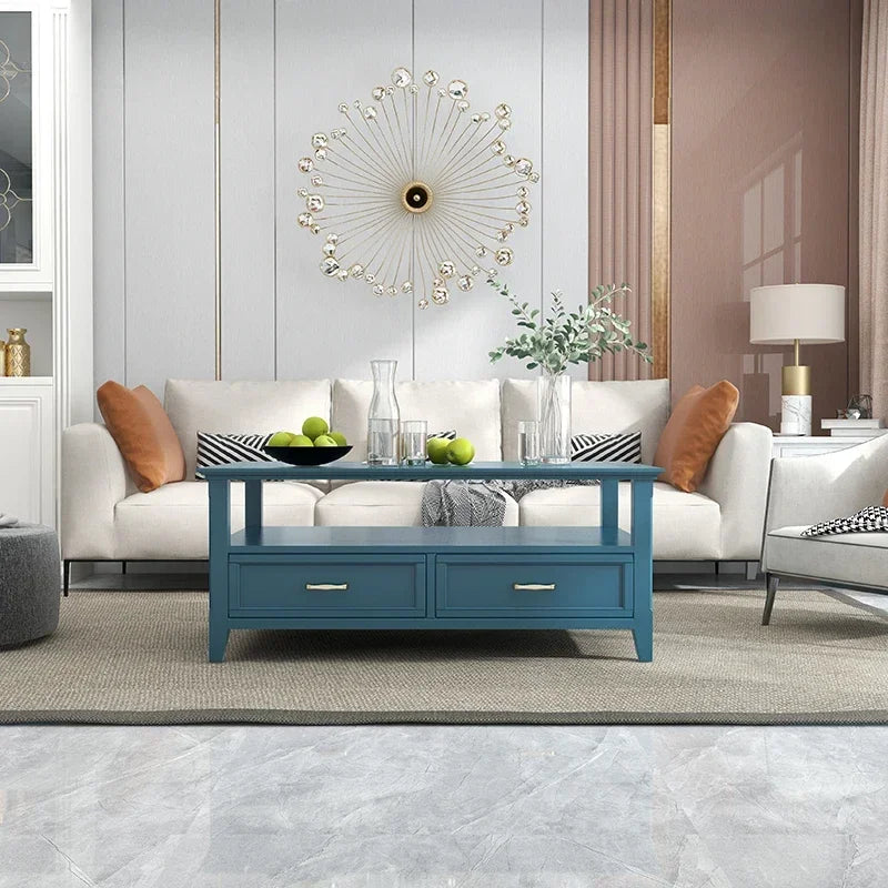 MMOOKA Light Luxury Solid Wood Coffee Table Peacock Blue Living Room Low Table Small Apartment