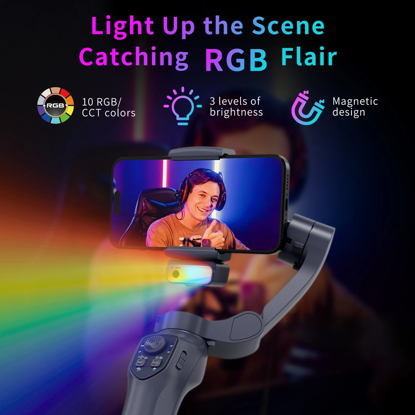 MMOOKA Comitok 3-Axis Gimbal Stabilizer for Smartphone iPhone Android with AI Face Tracking RGB Magnetic Light for TikTok Vlog Portable
