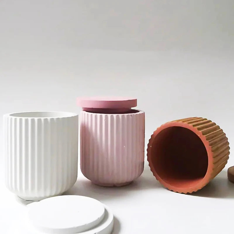 MMOOKA MMOOKA DIY Round Striped Jar with Lid Silicone Mold Concrete Plaster Pottery Candle Jar Storage Cup Jar Mold Home Decoration CraftsMMOOKA.COM