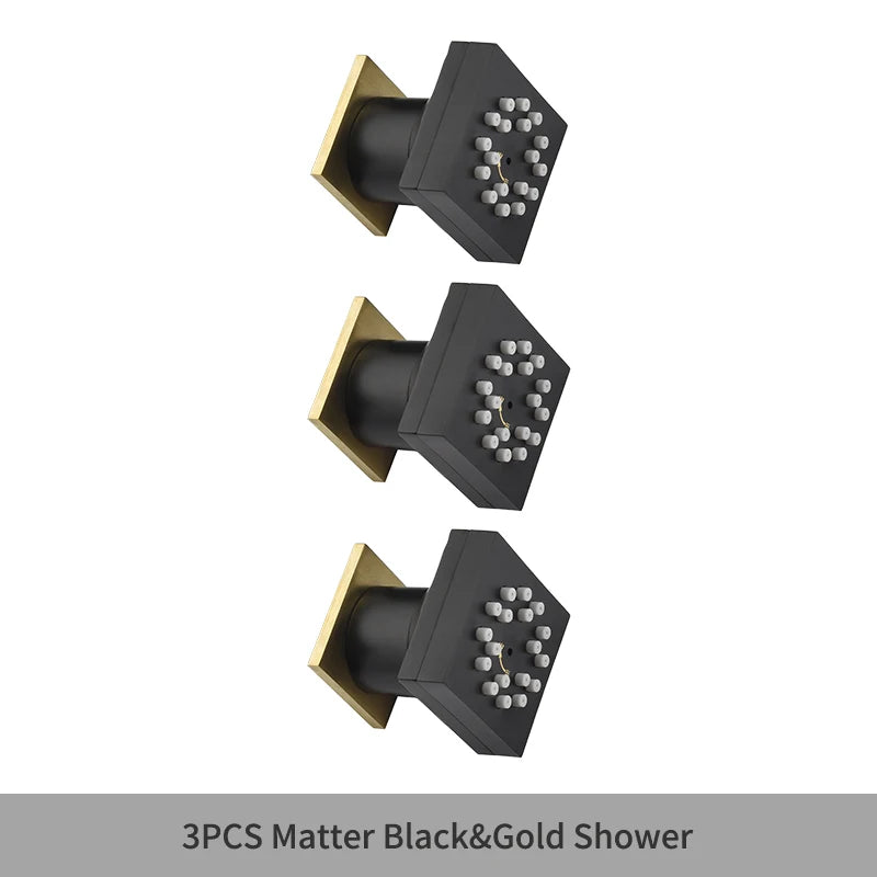 MMOOKA Black Square Body Rain Shower Spray Jets Bathroom Solid Brass Head Sprayer Set Saving Water Massage Jet System MMOOKA.COM