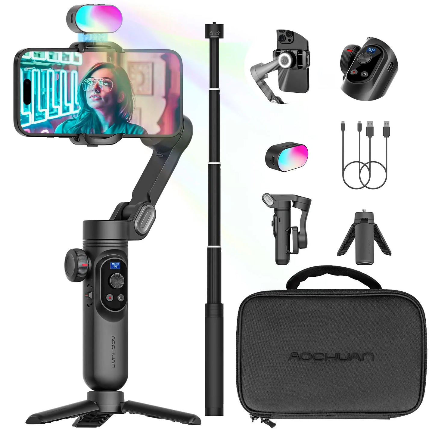 MMOOKA AOCHUAN Smart Xpro Combo Black 3-Axis Phone Gimbal Stabilizer With 73cm Extension and RGB Magnetic Light OLED Display Gimbal