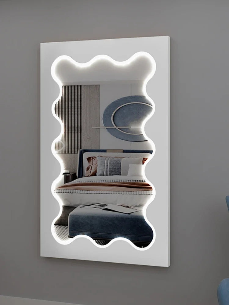 MMOOKA Cute Wave Mirror Irregular Aesthetic Design Living Room Full Large Body Mirrors With Light Dressing Espejos Bedroom Decoration