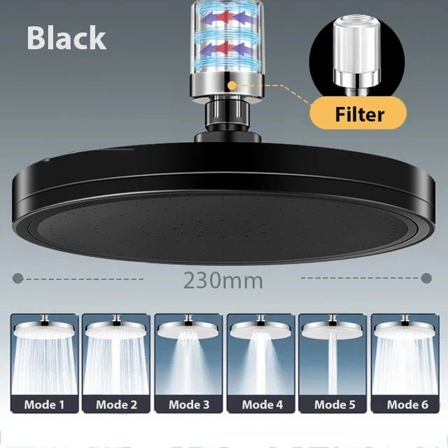 New 6 Modes Rainfall Shower Head Bathroom High Pressure Top Rain Showerheads 360° Rotation Top Spray Shower Faucet Accessories