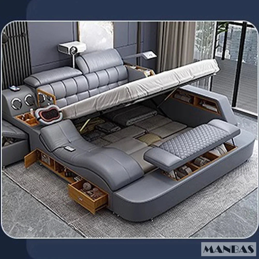 ANTNX MANBAS Luxury King Size Genuine Leather Bed / Tech Smart Bed / Multifunctional Ultimate Beds / Massage Bed with USB,Projecter ANTNX.COM