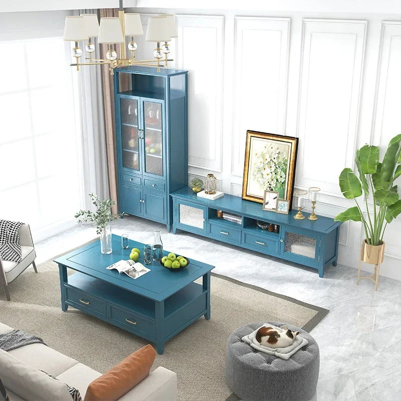MMOOKA Light Luxury Solid Wood Coffee Table Peacock Blue Living Room Low Table Small Apartment