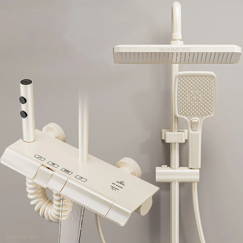 MMOOKA Milk White Waterfall Shower System for Bathroom Modern Bath Crane Mixer Tap Shower Faucets Water Saving Rain Bathtub Shower Set MMOOKA.COM
