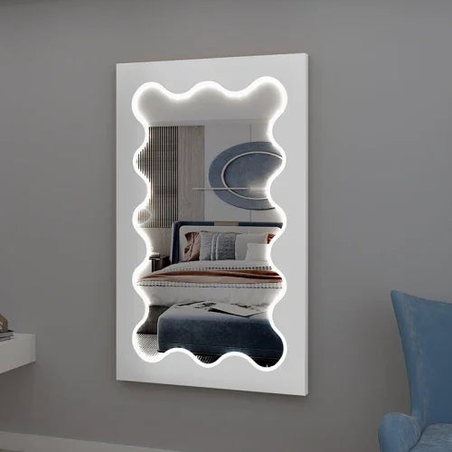 MMOOKA Cute Wave Mirror Irregular Aesthetic Design Living Room Full Large Body Mirrors With Light Dressing Espejos Bedroom Decoration