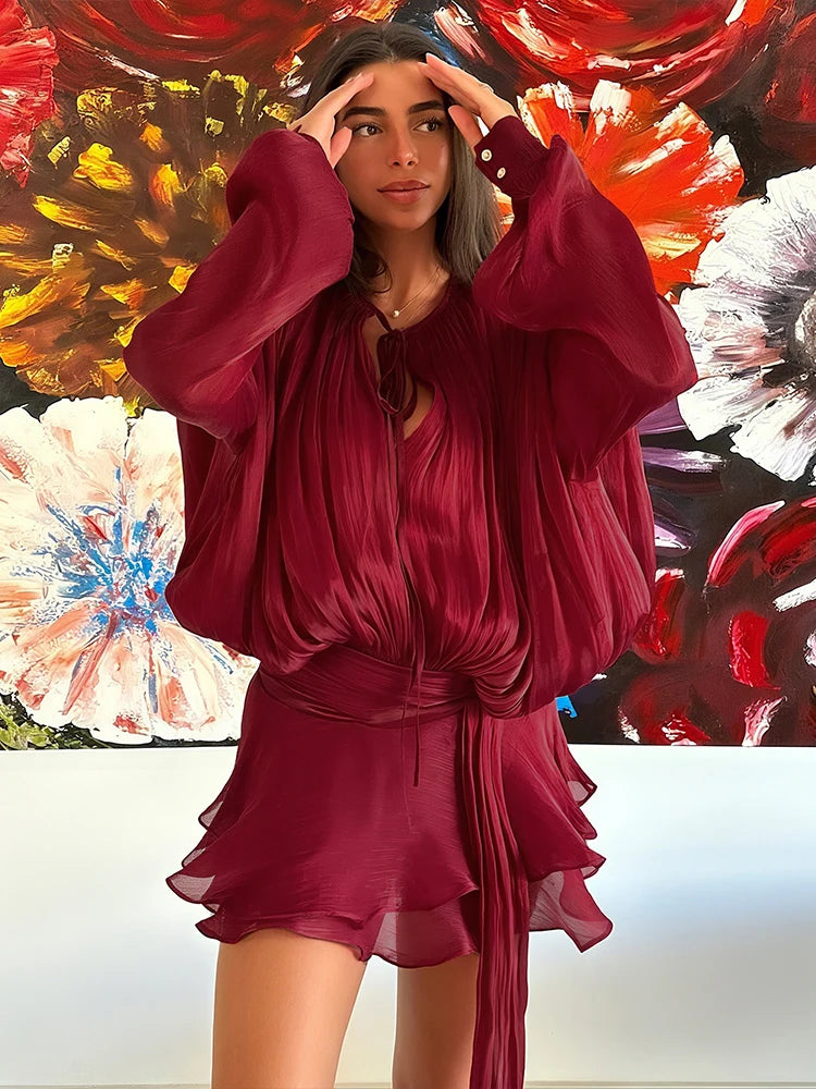 Nibber Autumn See Through 2 piece Set Women Chic Satin Y2K Lace Up Tierred Hem Dress+Sash Sexy Trend Matching Clubwear Outfits