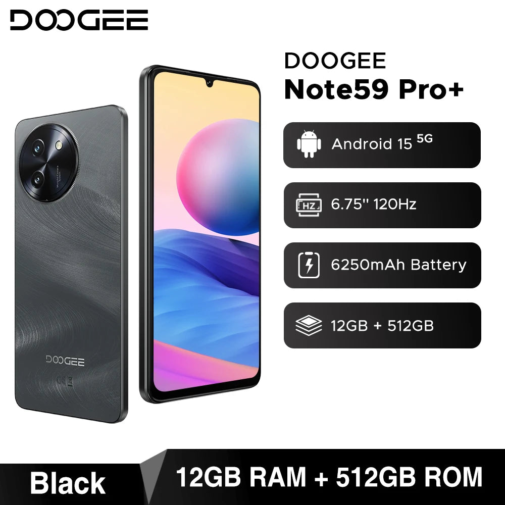 MMOOKA DOOGEE Note59 Pro+ 5G Smartphone Android 15 Global Version 6250mAh Battery 6.75'' 120Hz Display 12GB 512GB Mobile Phone NFC
