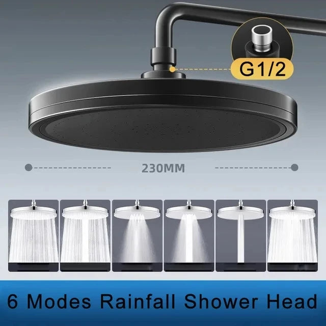 New 6 Modes Rainfall Shower Head Bathroom High Pressure Top Rain Showerheads 360° Rotation Top Spray Shower Faucet Accessories