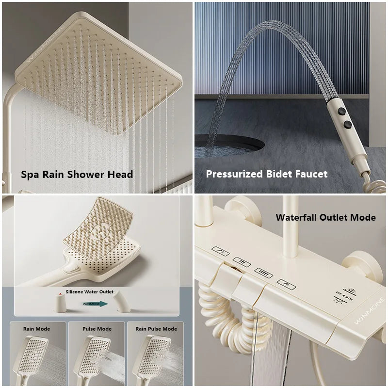 MMOOKA Milk White Waterfall Shower System for Bathroom Modern Bath Crane Mixer Tap Shower Faucets Water Saving Rain Bathtub Shower Set MMOOKA.COM