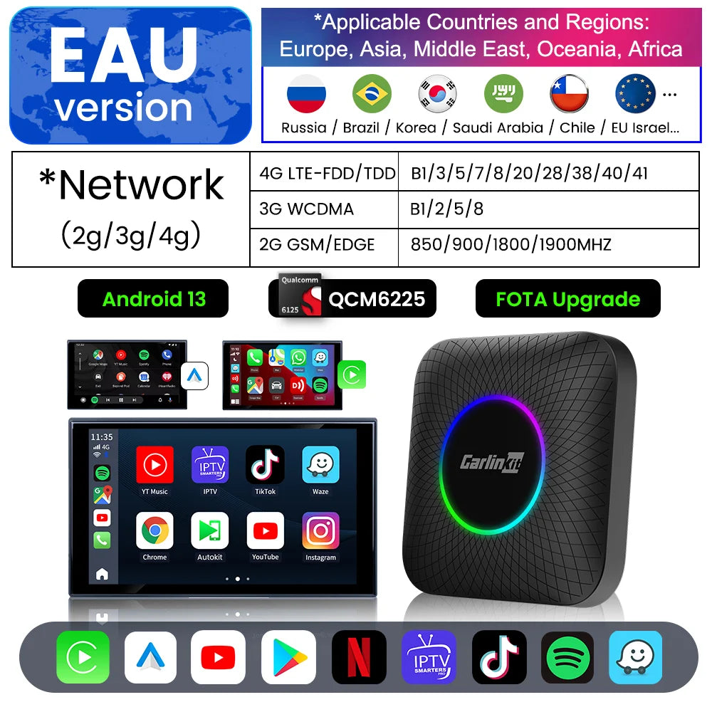 MMOOKA Carlinkit Tv Box SDM660 Qualcomm 8 Core Android 13 CarPlay Android Auto Wireless Adapter Support Online Video USB-A Port Youtube