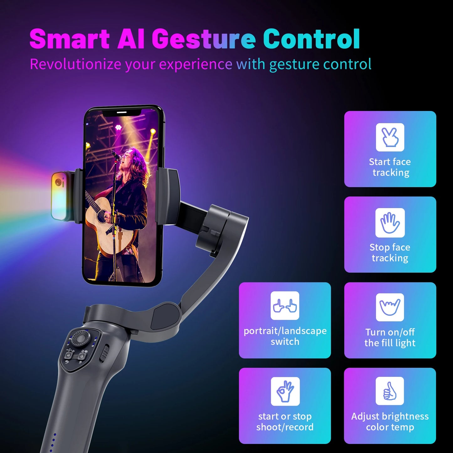 MMOOKA Comitok 3-Axis Gimbal Stabilizer for Smartphone iPhone Android with AI Face Tracking RGB Magnetic Light for TikTok Vlog Portable