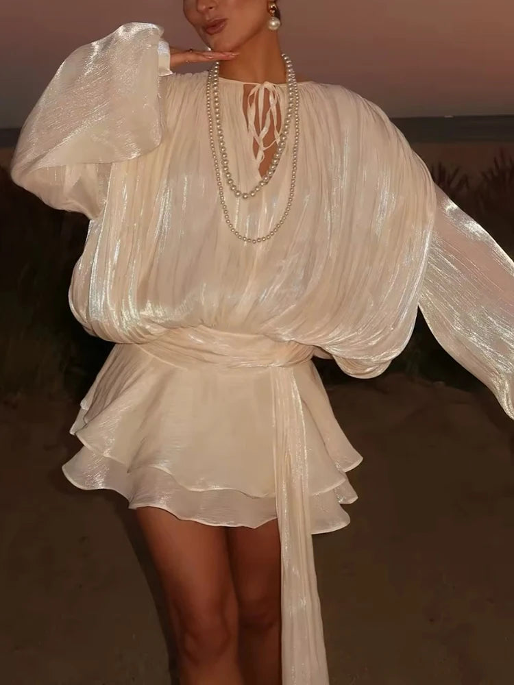 TWOTWINSTYLE Loose Solid Dresses For Women Round Neck Lantern Sleeve High Waist Spliced Fold Mini Chic Dress Female Fashion 2025
