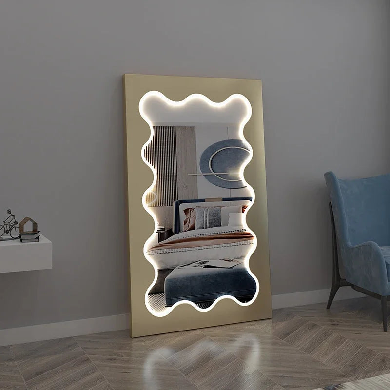 MMOOKA Cute Wave Mirror Irregular Aesthetic Design Living Room Full Large Body Mirrors With Light Dressing Espejos Bedroom Decoration