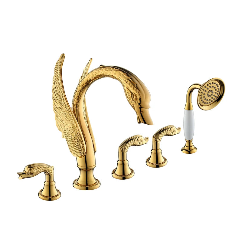 Seiko light luxury golden Chinese style retro all copper hot and cold water five-piece bathtub faucet