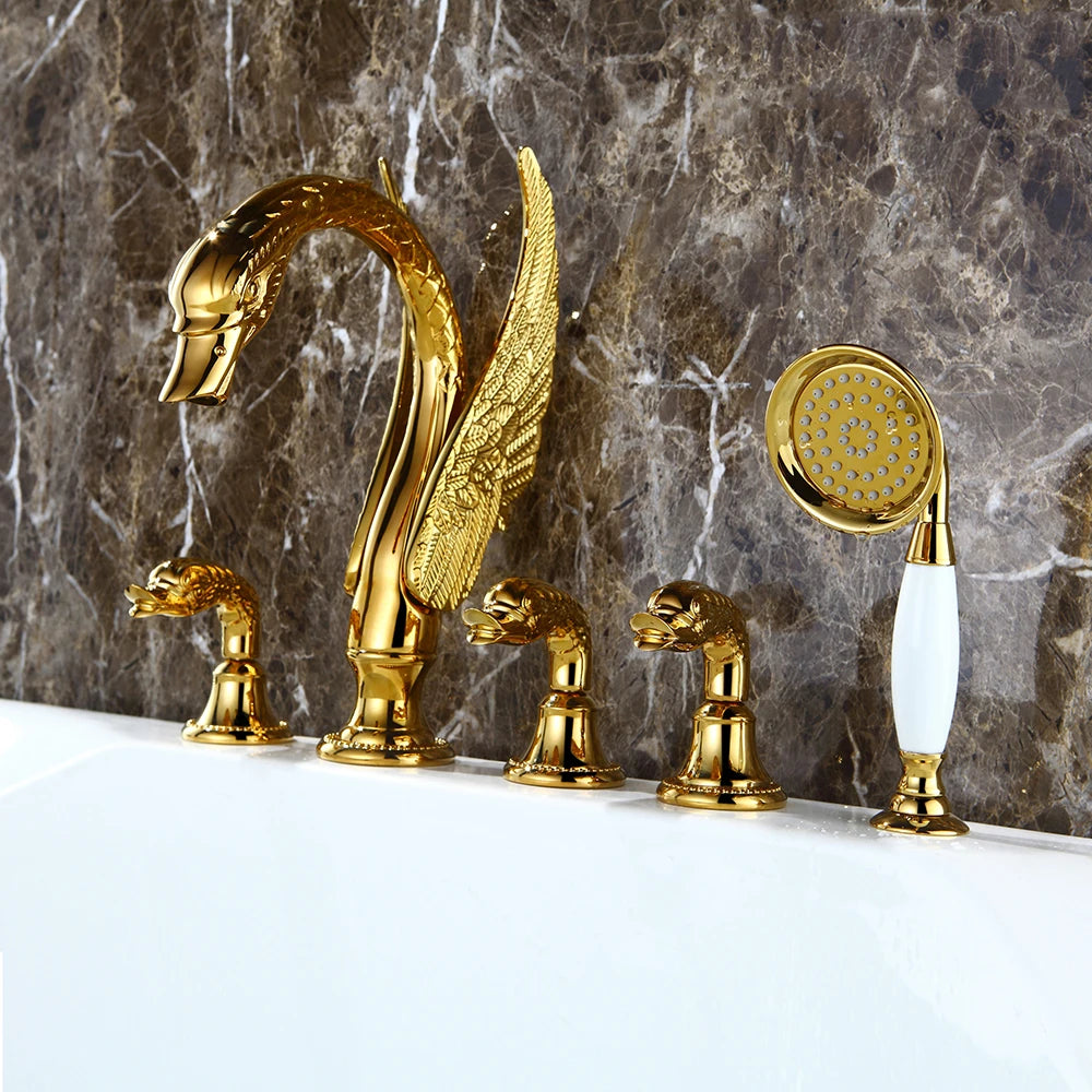 Seiko light luxury golden Chinese style retro all copper hot and cold water five-piece bathtub faucet