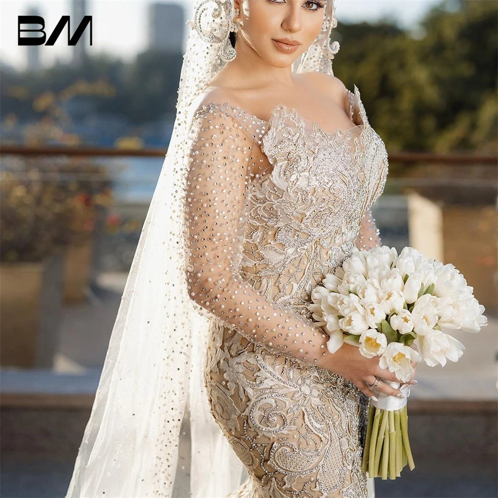 Sequins Pearls Appliques Bridal Gowns Custom Made Embroidery Beading Vestido de novia Luxurious Dubai Mermaid Wedding Dresses