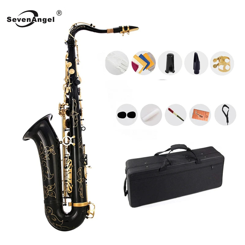 SevenAngel Professional Tenor Saxophone Bb Tune B Flat Sax Black Nickel Gold Surface High Quality Brass Instruments With Case