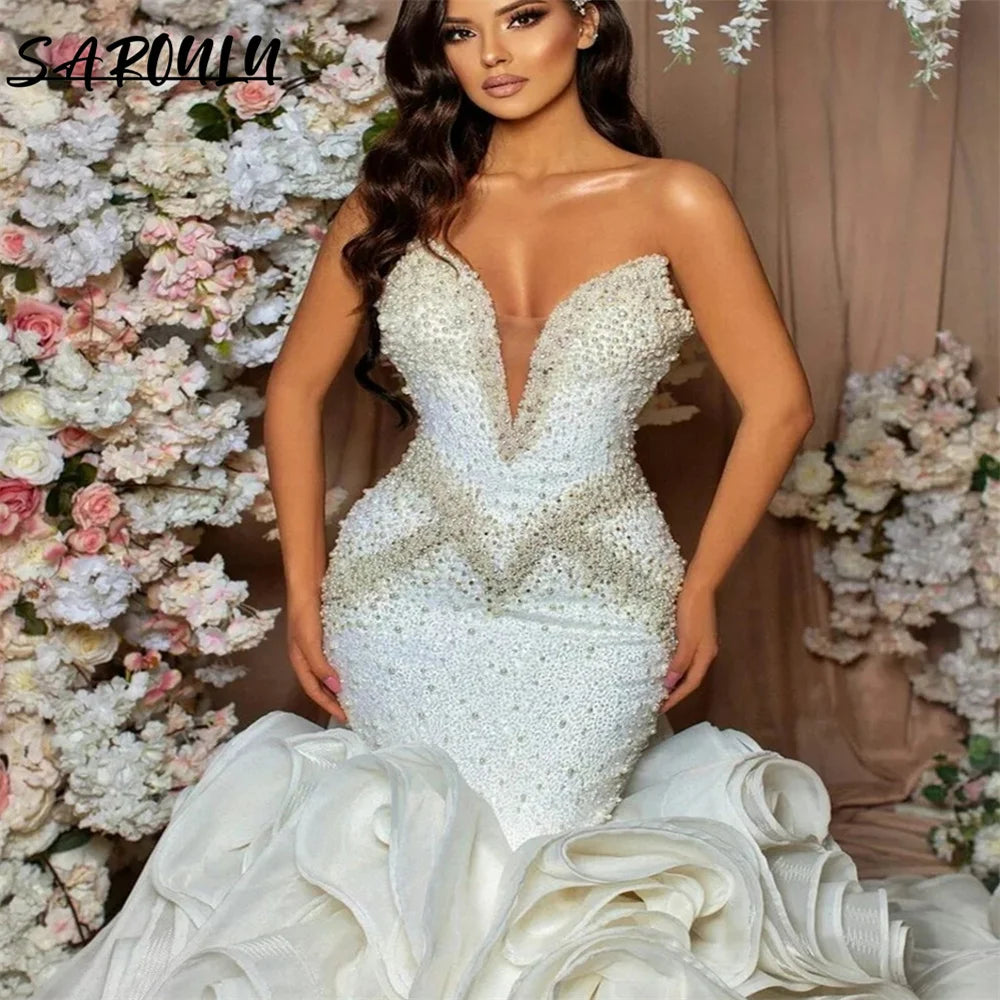 * Sexy Deep V-neck Floor-length Wedding Dress Romantic Beadings Mermaid Bridal Gown Luxury Vestidos De Novia