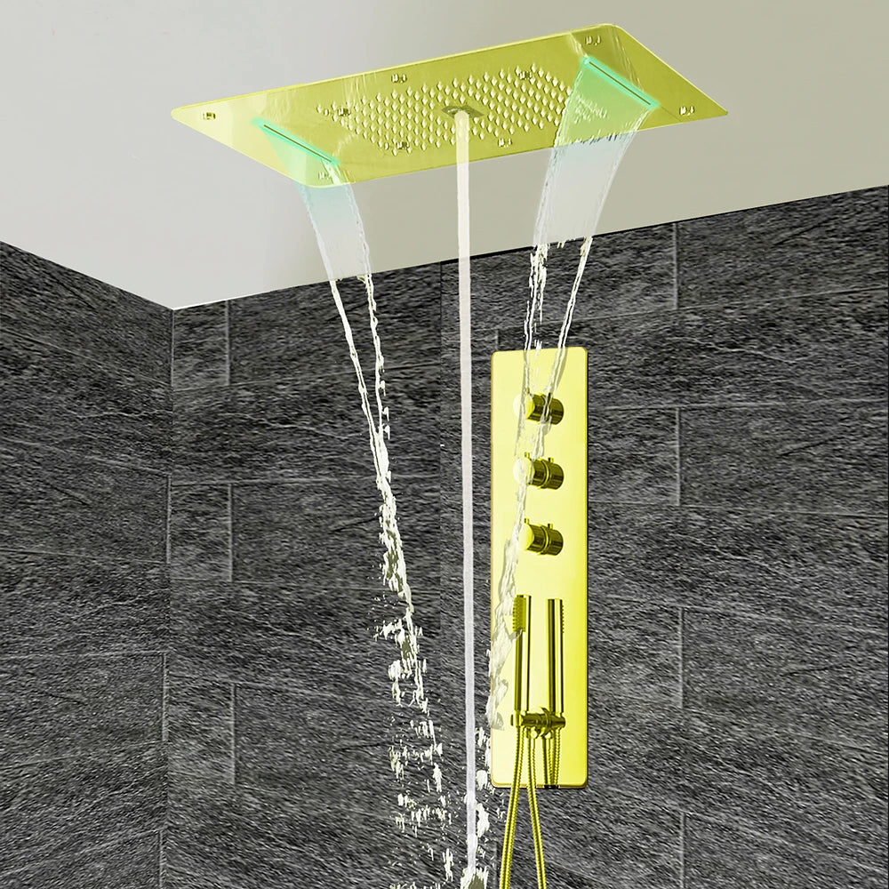 MMOOKA Modern Concealed Thermostatic Shower Panel 5 Ways Mixer LED Head Ceiling Mounted Mirror Brushed Gold Matte Black System Complete MMOOKA.COM