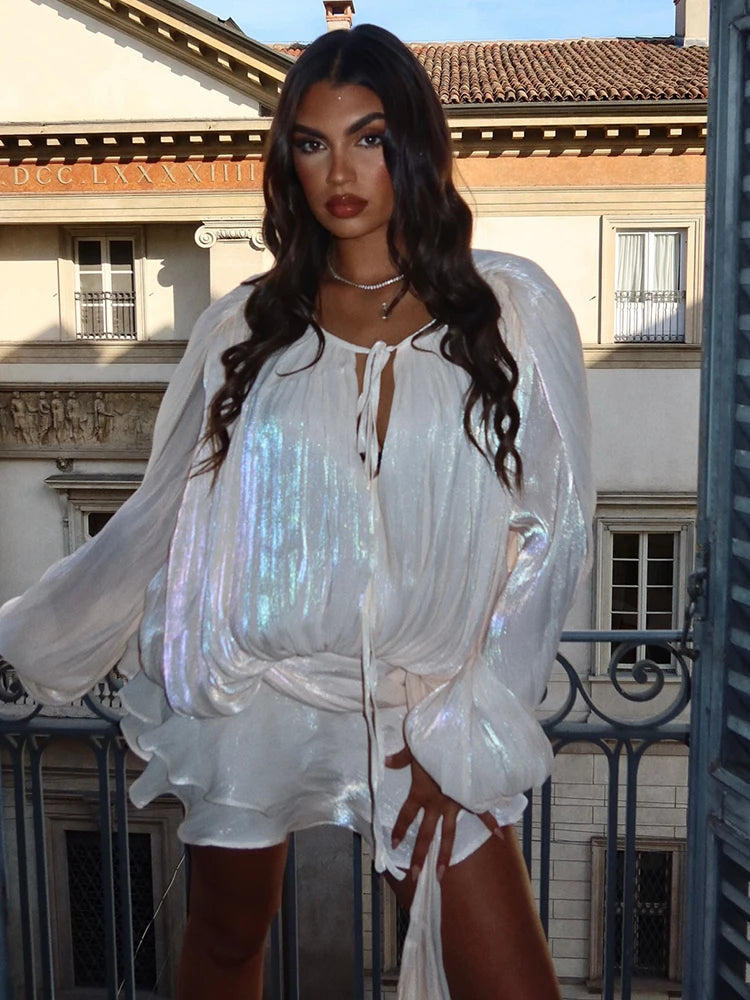 VC Chic Chiffon Mini Dress with Tie-Neck and Lantern Long Sleeves for a Garden Party Evening Gown