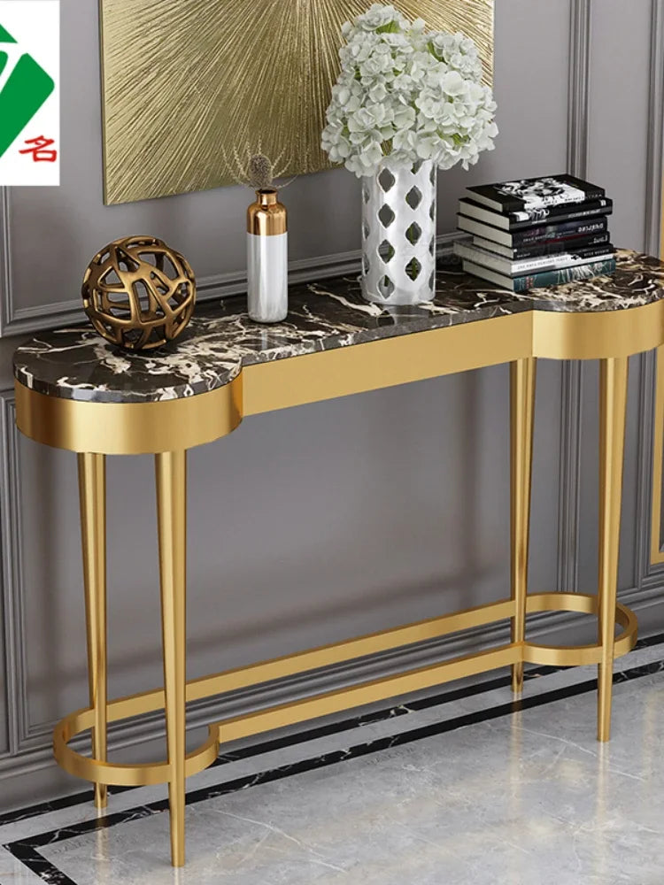 MMOOKA Light Luxury Stainless Steel Narrow Entrance Cabinet Arc Marble Art Corridor Foyer