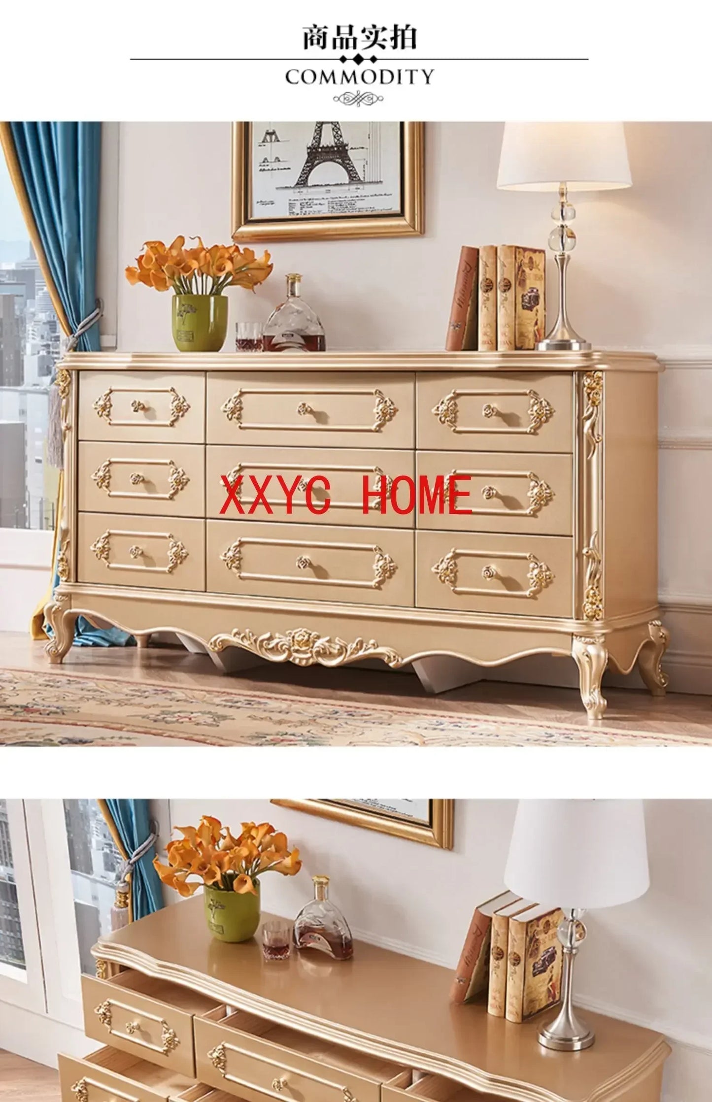 MMOOKA European-Style Golden Bedroom Nine-Drawer Cabinet Storage Cabinet Luxury Light Luxury European Cloakroom Chest of Drawer