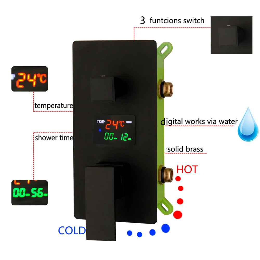MMOOKA ZAPPO LED Black Shower Systyerm with Big Rainfall Shower Head Digital Display Shower Faucet Set handheld Shower Spayer Wall