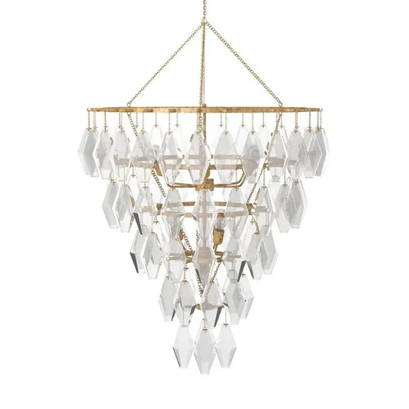 Simple design of wrought iron to make old lamp luxury villa living room stairs long chandelier luxury prismatic glass light