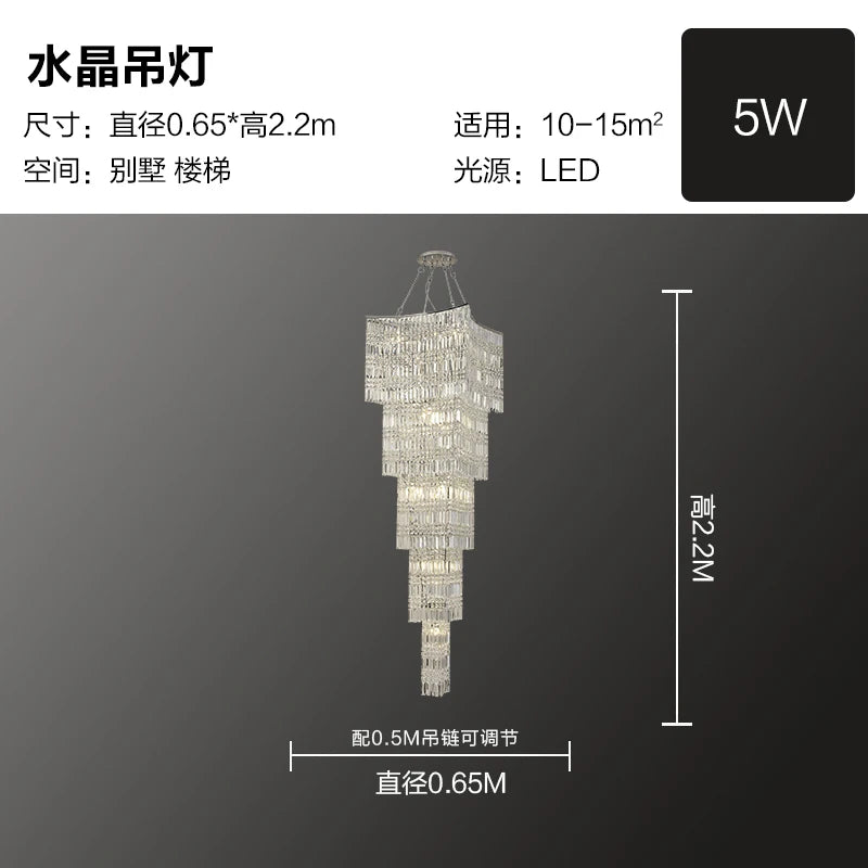 Simple light luxury stairwell crystal chandelier personality villa spiral staircase luxury duplex restaurant lighting