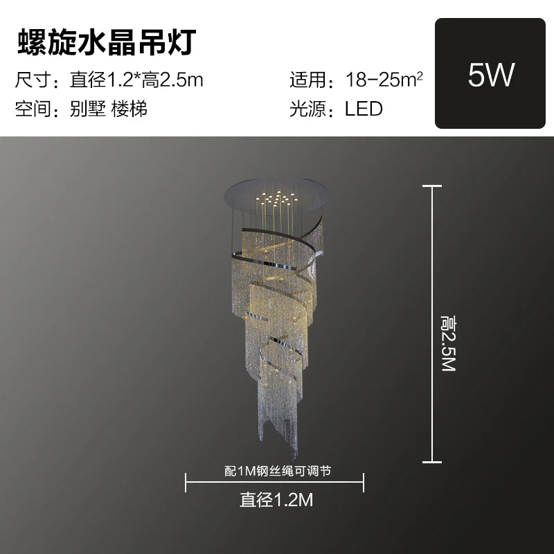 Simple spiral crystal chandelier living room villa personality stairwell restaurant duplex building luxury atmospheric lighting