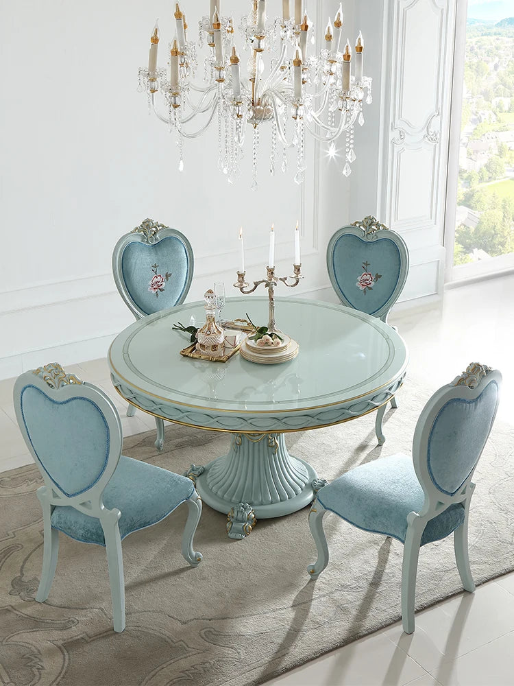 Solid wood carved 1.38M round dining table and chair combination Tiffany Blue