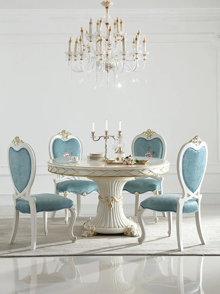 Solid wood carved 1.38M round dining table and chair combination Tiffany Blue