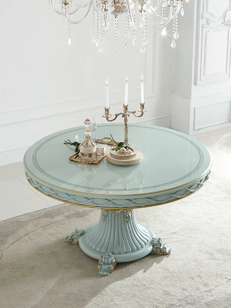 Solid wood carved 1.38M round dining table and chair combination Tiffany Blue