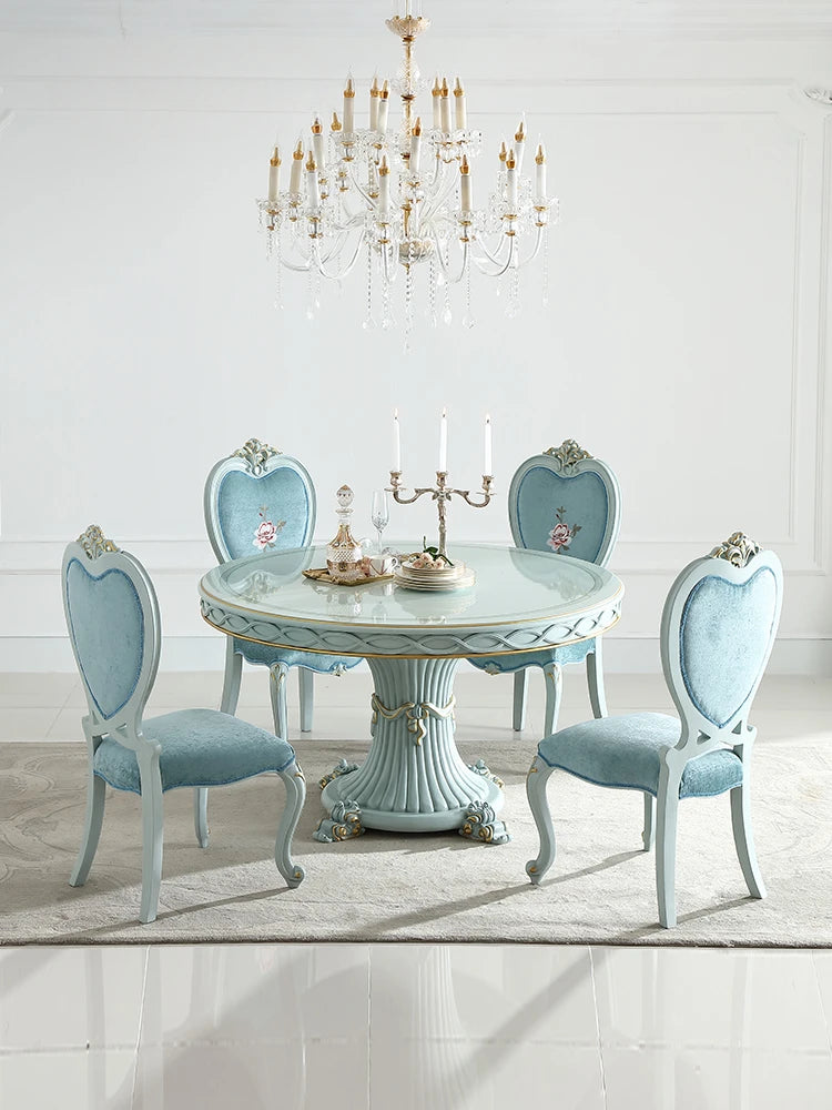 Solid wood carved 1.38M round dining table and chair combination Tiffany Blue