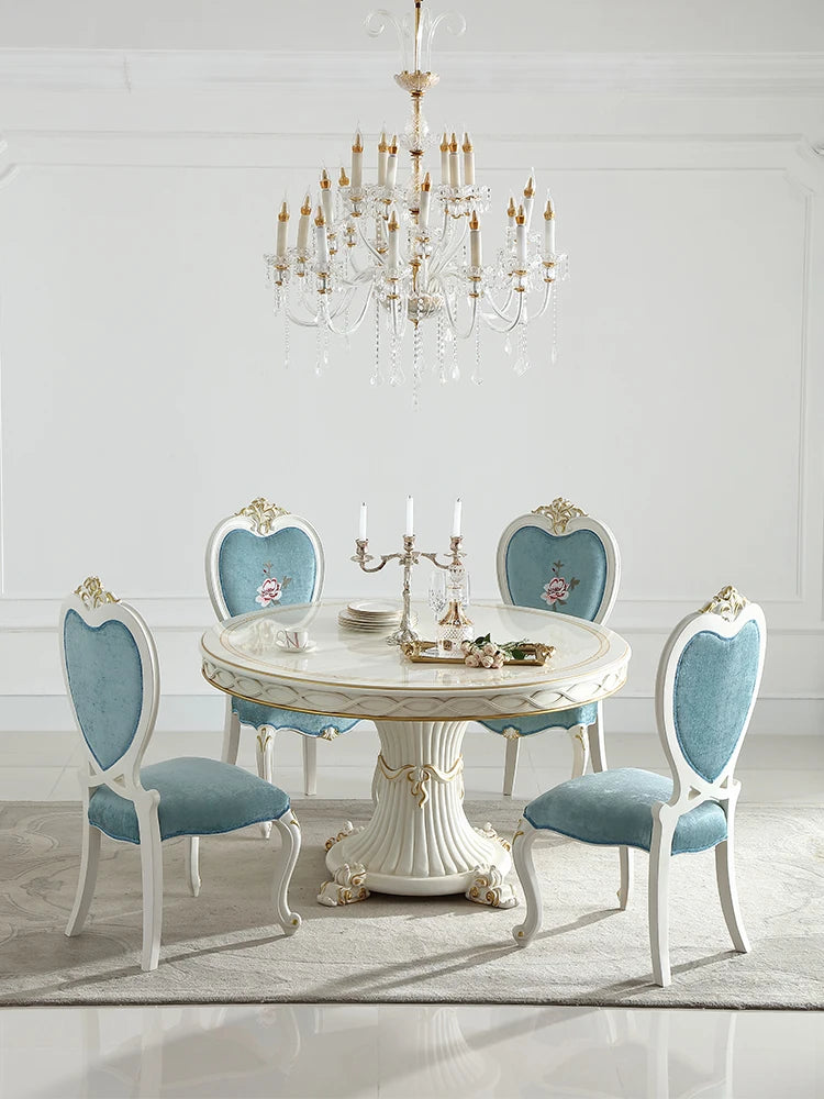 Solid wood carved 1.38M round dining table and chair combination Tiffany Blue