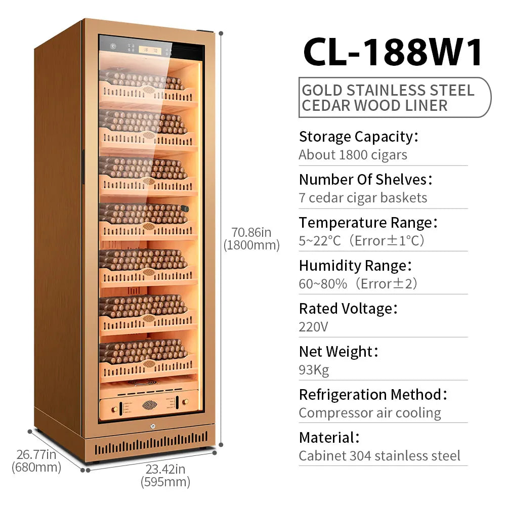 Spanish Cedar Wood Inner Cigar Humidor Electric Cooler Refrigerator Compressor 1600PCS Capacity Thermostatic Moisturizing 188W1