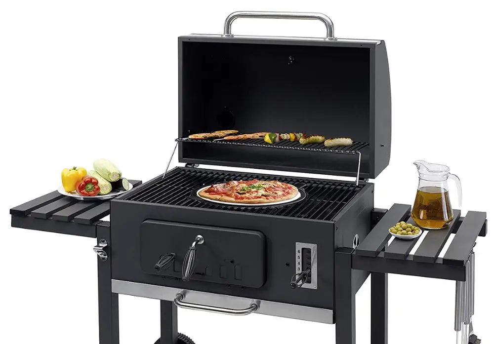 Square Trolley Cast Iron Grill Smoker with Chimney Charcoal Barbecue with Lid 152x73x137cm