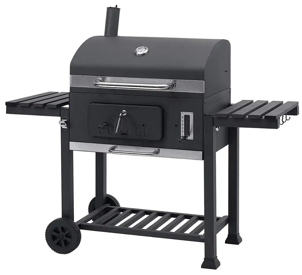 Square Trolley Cast Iron Grill Smoker with Chimney Charcoal Barbecue with Lid 152x73x137cm
