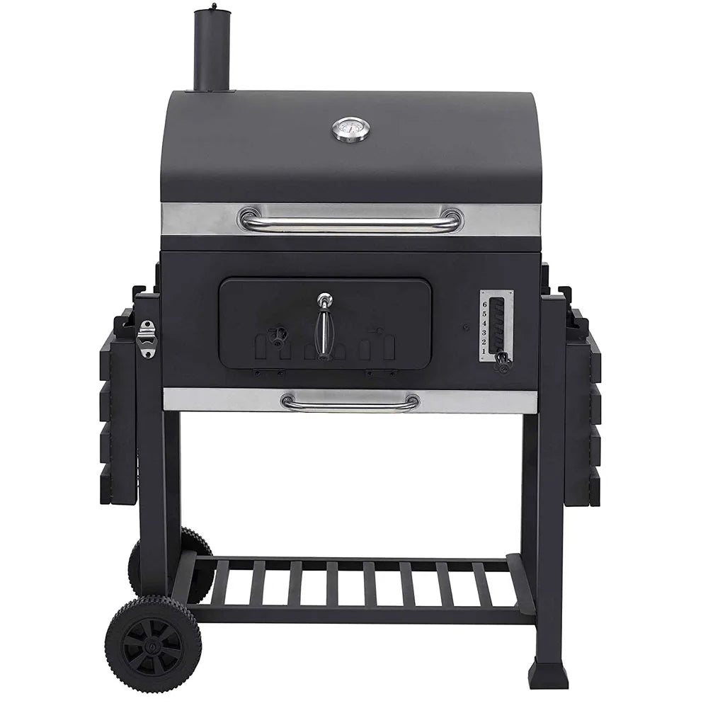 Square Trolley Cast Iron Grill Smoker with Chimney Charcoal Barbecue with Lid 152x73x137cm