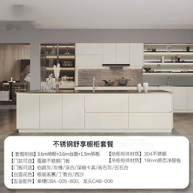 Stainless steel cabinet, storage cabinet, light luxury, household moisture-proof quartz stone table top, indoor kitchen cabinet