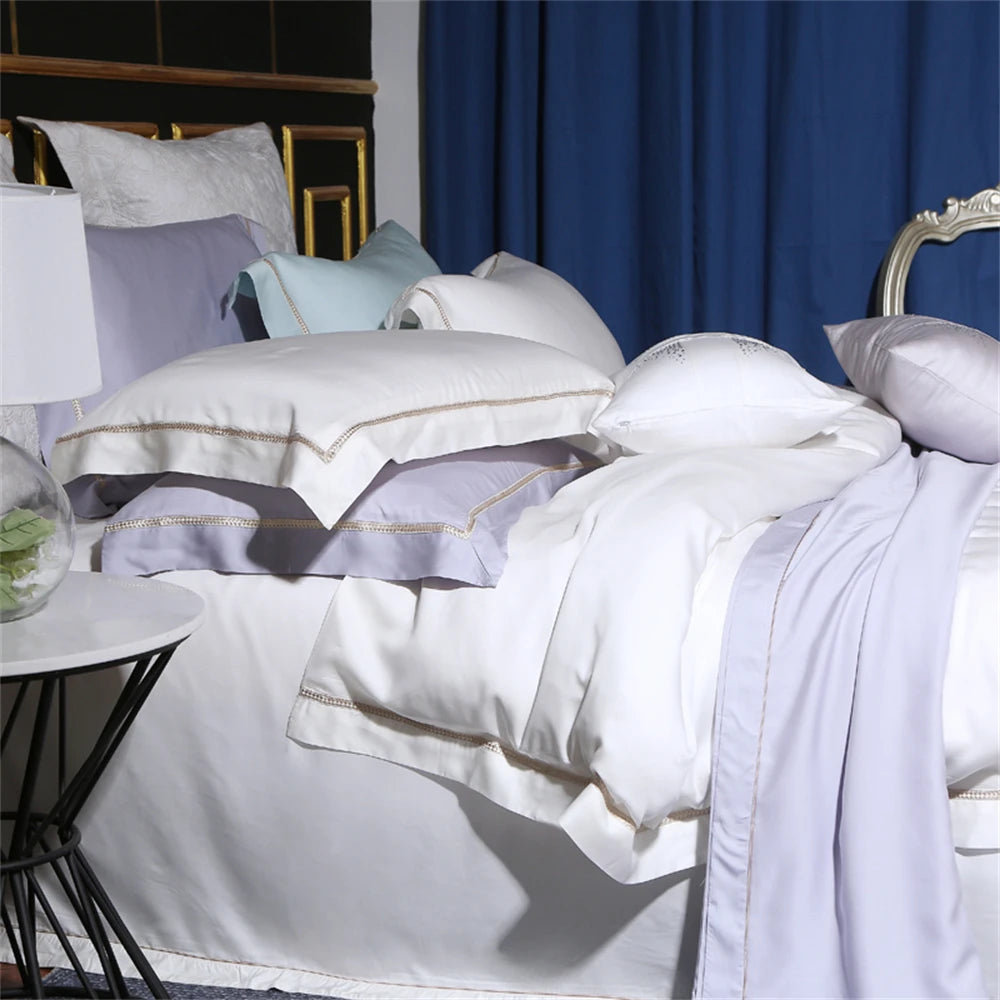 && Super Soft White Lyocell Fabric 4 Pieces Bedding Sets Summer Princess Style Quilt Cover Pillowcase Bed Sheets Embroidered Plaid