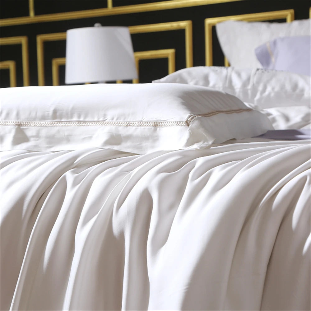 && Super Soft White Lyocell Fabric 4 Pieces Bedding Sets Summer Princess Style Quilt Cover Pillowcase Bed Sheets Embroidered Plaid