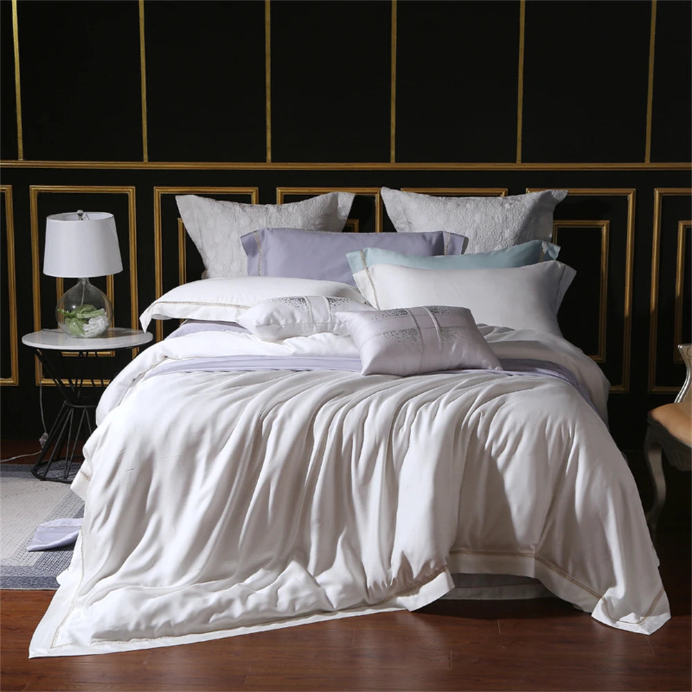 && Super Soft White Lyocell Fabric 4 Pieces Bedding Sets Summer Princess Style Quilt Cover Pillowcase Bed Sheets Embroidered Plaid