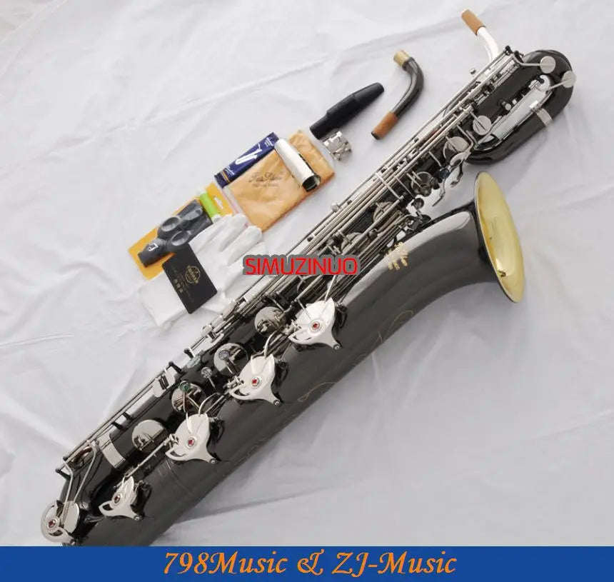 Support Professional Black Nickel Silver AND Gold Bell Baritone Saxophone Sax High F# W/Leather Case