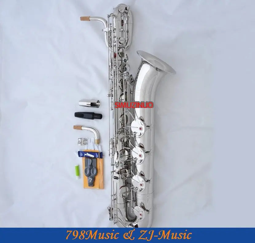 Support Professional Nickel Plated Baritone Saxophone Sax High F# W/Leather Case-Abalone Buttons