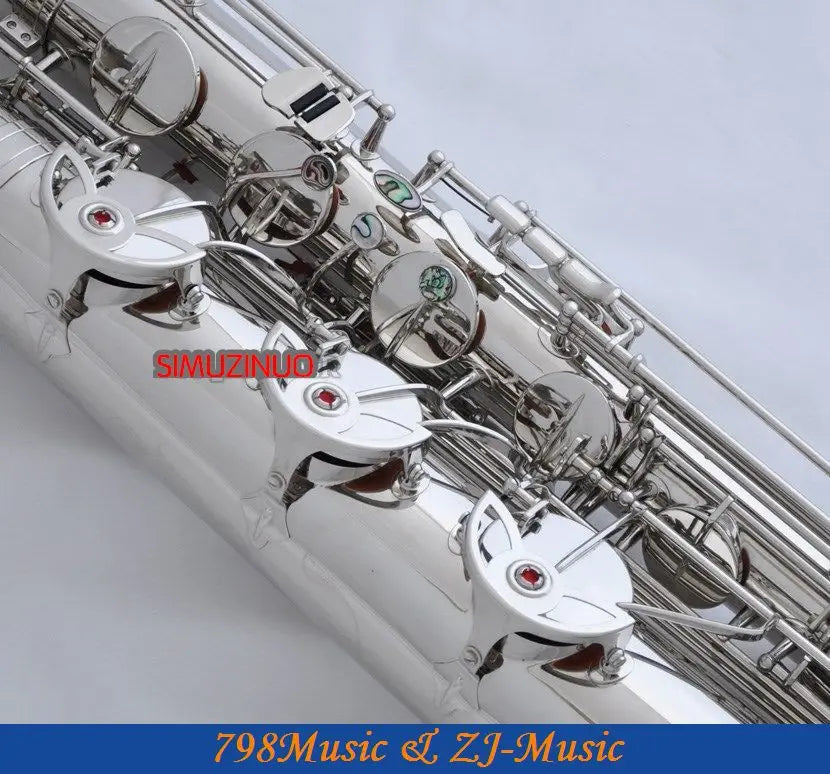 Support Professional Nickel Plated Baritone Saxophone Sax High F# W/Leather Case-Abalone Buttons