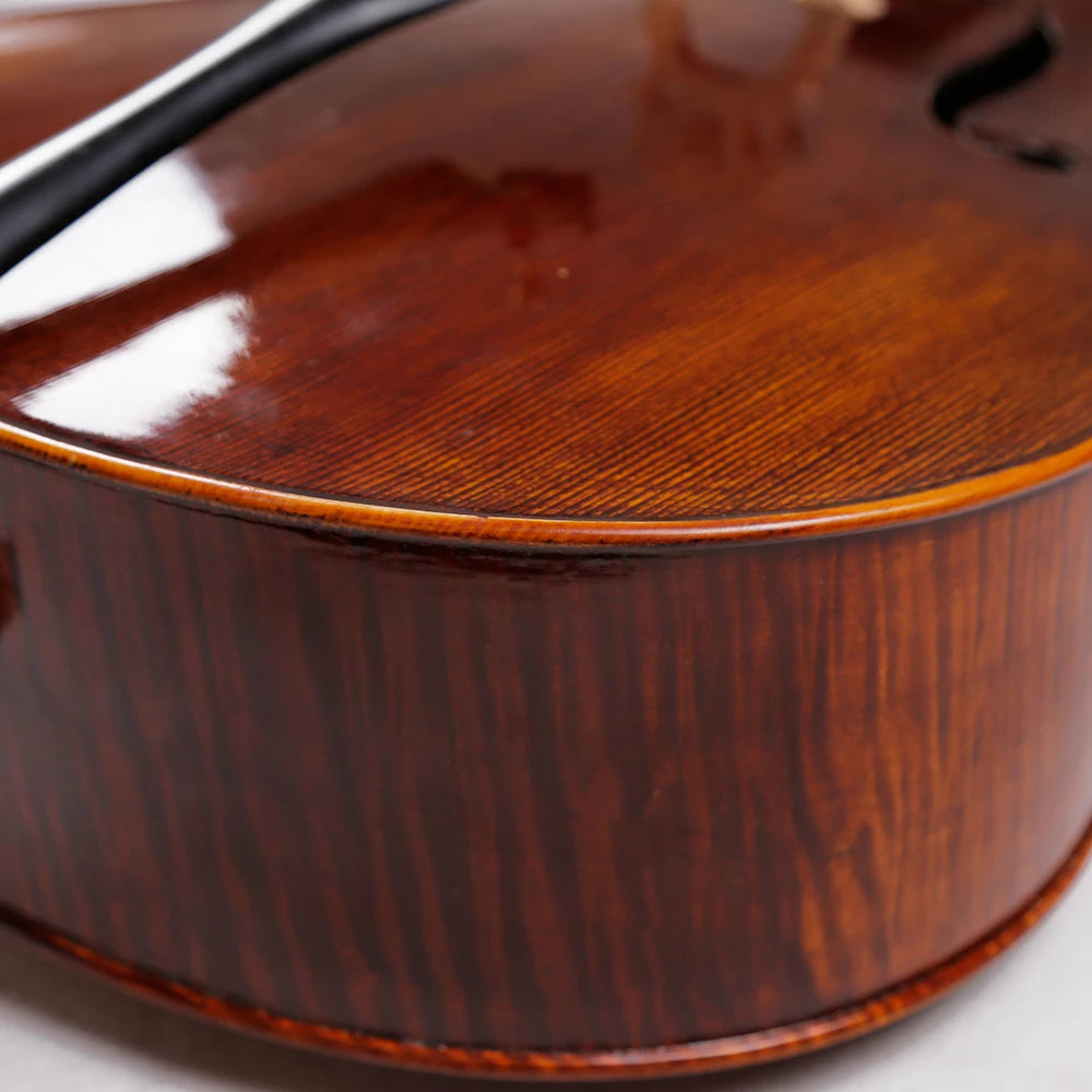 MMOOKA TONGLING Pure Handmade Matt Cello Natural Flamed Grade AAA Maple Backplate & Old Spruce Panel Cello for Performance & Collection